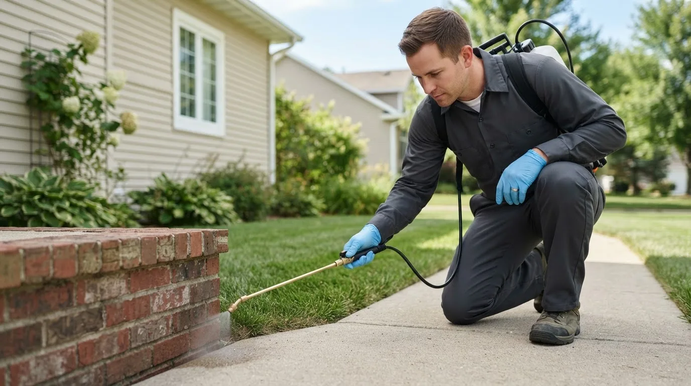 Pest control technician treating a home near Marienville, PA